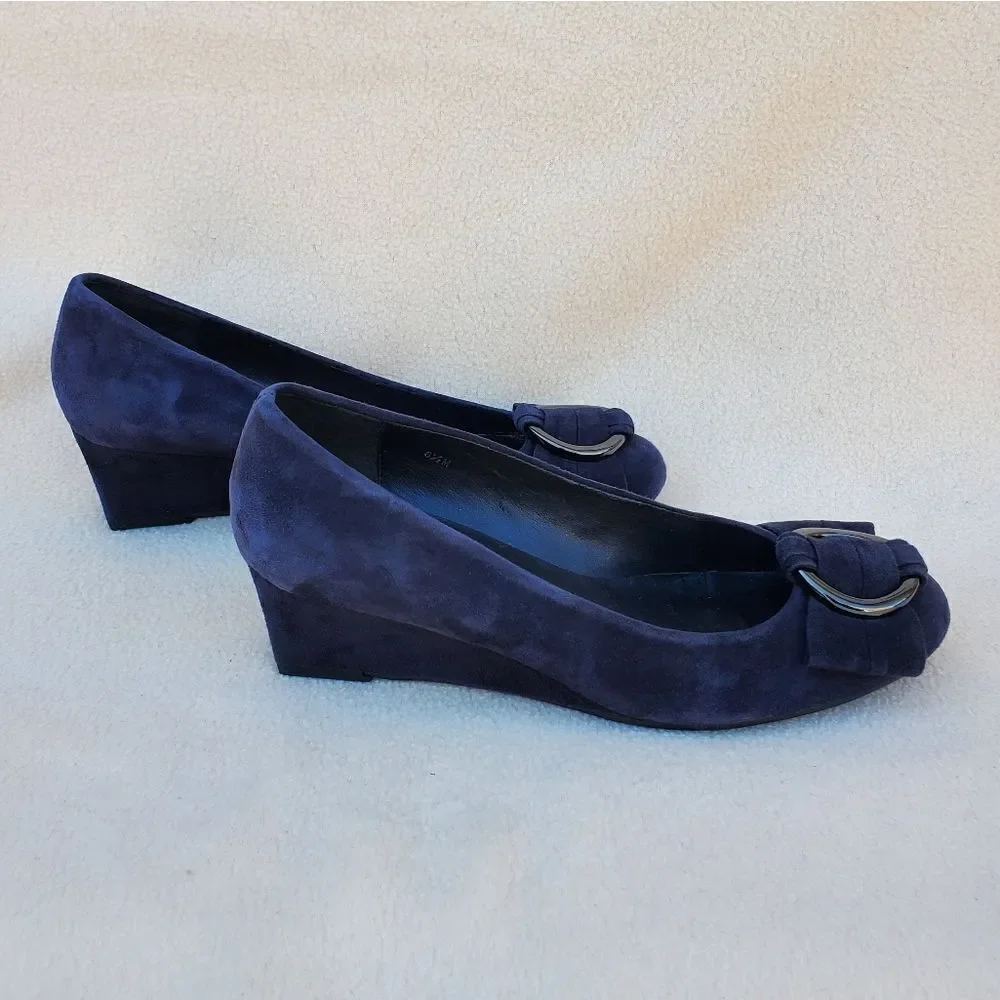 Vaneli blue suede wedges with attached ribbon buckle